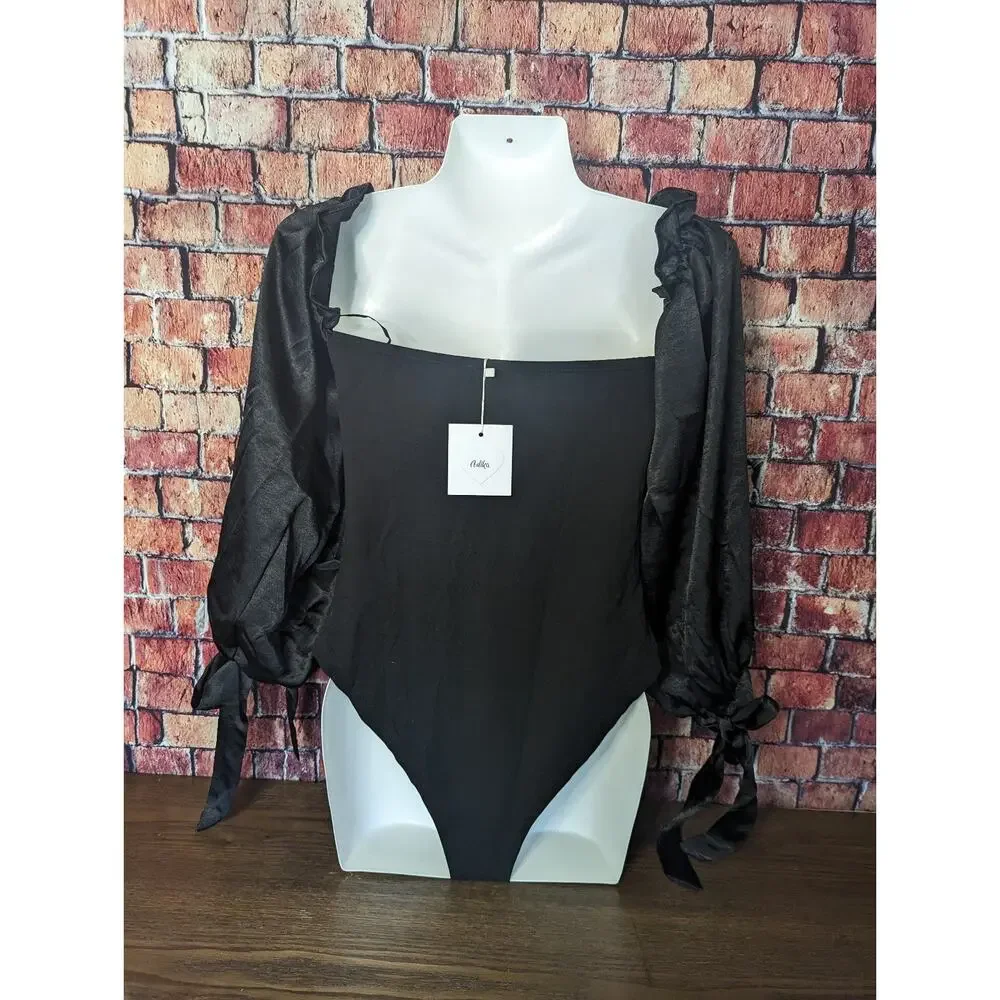 NWT Adika  Black Bodysuit with Satin Puffy Sleeves Size M